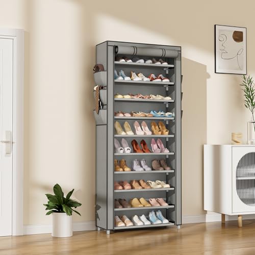 VTRIN Vertical Narrow Shoe Rack Organizer Tall Shoe Rack for Closet Entryway 10 Tier Non-Woven Cover Shoe Shelf Holds 36-41 Pairs Free Standing Shoe Storage Cabinet with Dustproof Cover, Grey - color: Grey, size: 24.8"W x11.8"D x 68.9"H