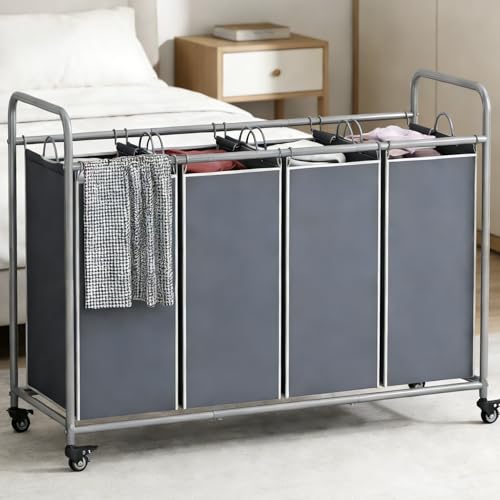 Laundry Basket, 4-Bag Laundry Hamper, Grey Laundry Sorter with Heavy Duty Lockable Rolling Wheels, Laundry Room Organization with Removable Bags Basket Separator for Dirty Clothes Storage - size: 4 Bags Grey
