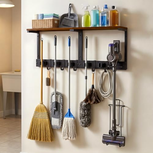 Novabright Heavy Duty Broom Holder Wall Mount with Cleaning Supplies Organizer, 27 Inch Laundry Room Shelf Broom and Mop Organizer Wall Hanging with Mop Hanger, Vacuum Grip Hooks, for Home Garage