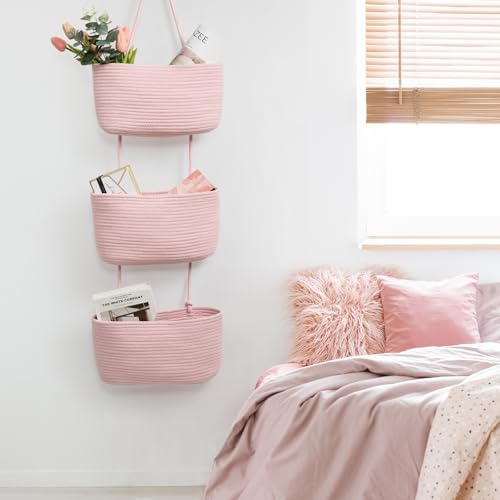TeoKJ Over the Door Hanging Basket, 3-Tier Woven Cotton Wall-Mounted Storage Organizer Bag Decorative Hanging Nursery Baskets, Pink - color: Pink