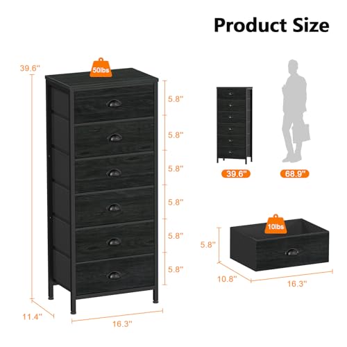 Furnulem Tall Dresser with 6 Drawers,Vertical Bedside End Table & Chest for Bedroom,Black Storage Tower Dorm Nightstand with Fabric Drawer Organizer Unit Furniture in Living Room,Closet,Hallyway - color: Black Oak, size: 11.5"D x 16"W x 39.6"H (6 Drawers)