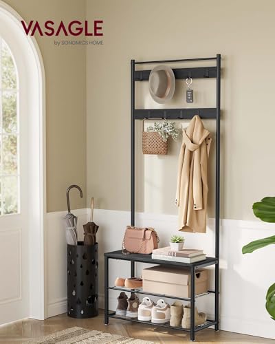 VASAGLE Coat Rack, Hall Tree with Shoe Storage Bench, Entryway Bench with Shoe Storage, 3-in-1, Steel Frame, for Entryway, 12.6 x 27.6 x 68.9 Inches, Industrial, Charcoal Gray UHSR041B01 - color: Charcoal Gray, size: 27.6"W