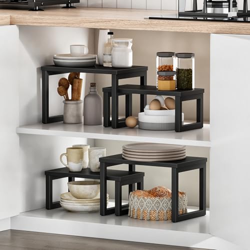 HOOBRO Cabinet Organizer Shelf, Set of 4 Kitchen Counter Shelves, Expandable Kitchen Storage, Stackable Spice Rack, for Kitchen, Countertop, Office Desk, Living Room, Black BK20TLP201 - color: Black