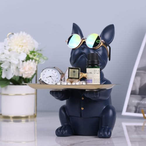 QIANLING Modern Decor Resin Navy Blue Bulldog Statue Tray - Storage Key Holder, Candy, Jewelry, Earrings - Suitable for Home, Dining Table, Office - Modern Art Small Object Tray - color: Navy Blue
