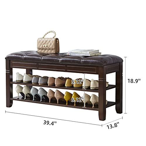 LEILISI Shoe Bench, Storage Rack Organizer with Cushion 2 Tier Lift Top Shoe Rack for Entryway Living Room Bedroom Hallway Wooden Furniture (Brown, 39.4'') - color: Brown, size: 39.4