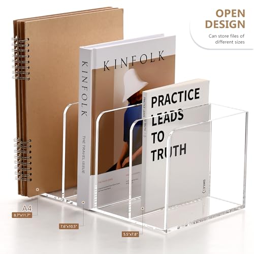 SANRUI Acrylic Magazine Holder Desk Organizer Workspace Sorters，Clear Bookend File Sorter Holder,Folder Rack, Office Accessories Organization Storage with 4 Vertical Compartments - style: B5 File Rack (4 slots)
