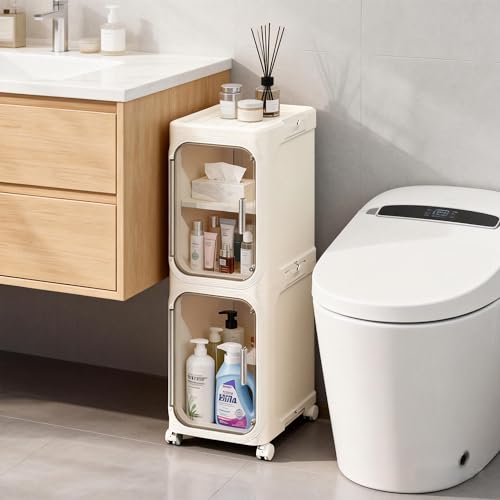 LXLXXL Narrow Storage Cabinet Slim Bathroom Storage Cabinet with Movable Wheels Tall Bathroom Organizer Skinny Cabinet for Small Spaces，2-Tier Beige - color: Beige, size: 2-Tier
