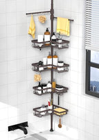 KEGII Shower Caddy Tension Pole with 2 Towel Bars, Adjustable Corner Bathroom Organizer, Rustproof Bathtub Storage Shelves for Shampoo, 25–114.2 Inch Shower Corner Rack for Renters & Family, Bronze - style: Tension Caddy & Towel Bar - Brown