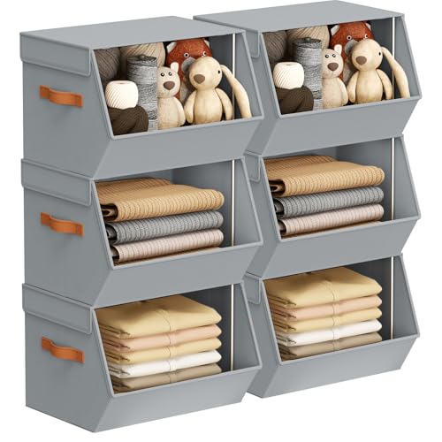 Stackable Closet Organizers and Storage Bins, Open Front Closet Shelf Organizer System With Steel Frame, Clothes Storage Basket Fabric, Collapsible Closet Drawers for Wardrobe, Nursery ,Toy, 6 Pack - color: Grey, size: 11.4 x 12.6 x 9.8. - 6 Pack