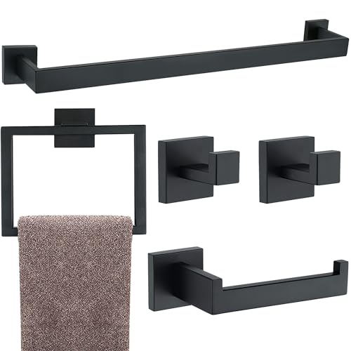 5 Pieces Bathroom Hardware Accessories Set Matte Black, 24Inch Square Towel Racks Set for Bathroom, SUS304 Stainless Steel Towel Bar Set, Bath Accessories Sets Wall Mounted - color: Matte Black, size: 24" 5pcs