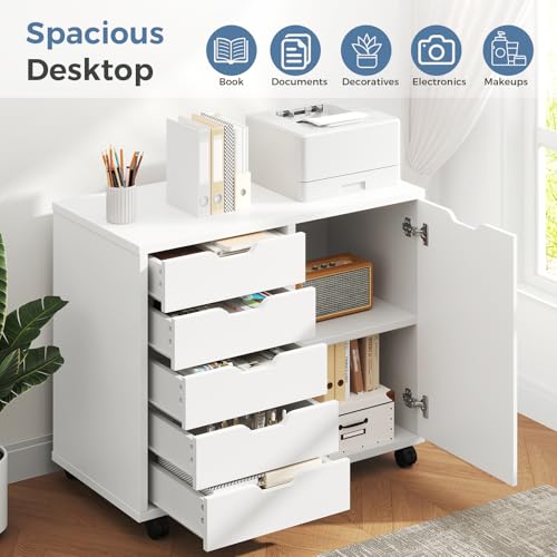 DUMOS 5 Drawer File Cabinet Office Drawers Organizer with Wheels Rolliing, Under Desk Cabinets with Shelves and Door Printer Stand with Wood Board Metal Frame for Home Office Storage Craft Room, White - color: White