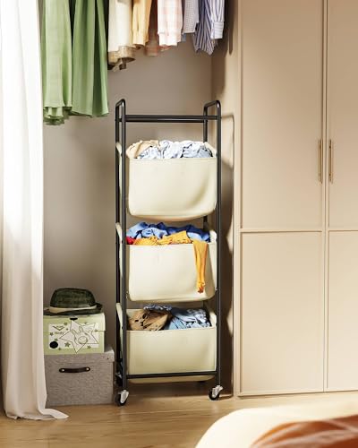 3 Section Laundry Sorter with Removable Bags, 120L Rolling Vertical Laundry Hamper, Stackable Laundry Baskets organizer for Bathroom, Apartment, Dorm (Beige, With Wheel) - color: Beige, size: With Wheel