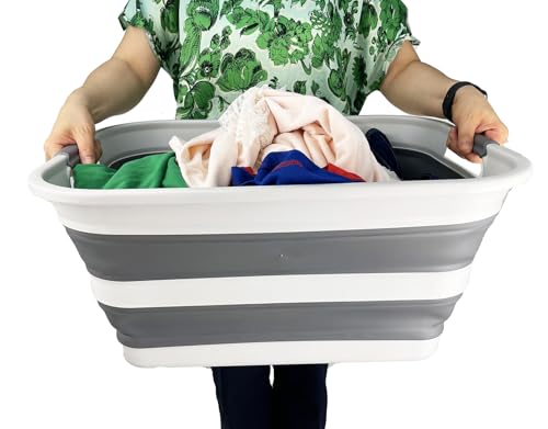 SMMART Collapsible Plastic Laundry Basket with Handle/Foldable Pop Up Storage Hamper/Portable Laundry Organizer-Space Saving Washing Tub/Household Storage Supplies (Grey/Steel Grey, 42L (Set of 2)) - color: Grey/Steel Grey, size: 42L (Set of 2)