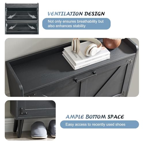 Barnyatoh Shoe Storage Cabinet with 2 Flip Drawers, Farmhouse Hidden Shoe Organizer, Narrow Slim Shoe Rack Cabinet for Entryway Hallway,Black - color: Black