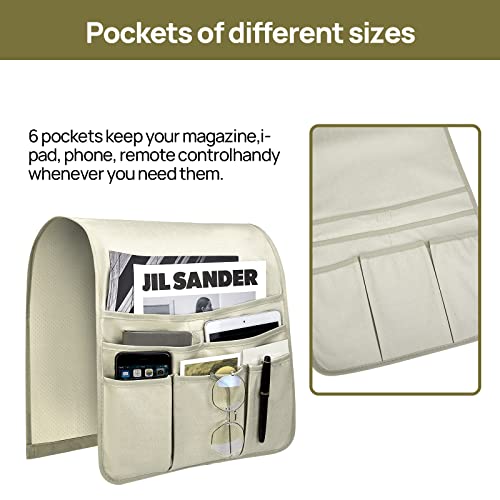 Teniux Remote Control Holder Faux Leather Armrest Organizer with 6 Pockets for recliner couch sofa, Armchair Caddy for Smart Phone, Book, Magazines, Ipad, Remotes (Oyster White) - color: Oyster White