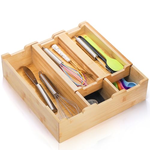 Okllen Bamboo Kitchen Drawer Organizer, Stackable 2-Tier Utensil Drawer Organizer Tray, Silverware Organizer Flatware Storage for Kitchen Cabinet, Pantry, Drawer, 5 Divided Compartments