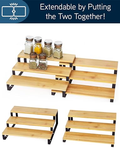 RoyalHouse Bamboo and Metal Expandable Spice Rack Organizer, Cabinet Shelf Organizers, 3-Tier Adjustable Kitchen Cabinet, Countertop Display Shelf, Space Organizer for Kitchen and Bathroom - color: Bamboo and Metal Spice Rack Pack of 1