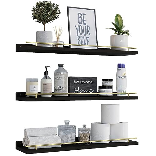 WOPITUES Floating Shelves 24 inch with Gold Metal Guardrail, Shelves for Wall Decor Set of 3, Wall Shelves for Bedroom, Bathroom, Kitchen, Living Room, Plants, Picture Frames, Art- Black and Gold - color: Black and Gold, size: 23.6 inch