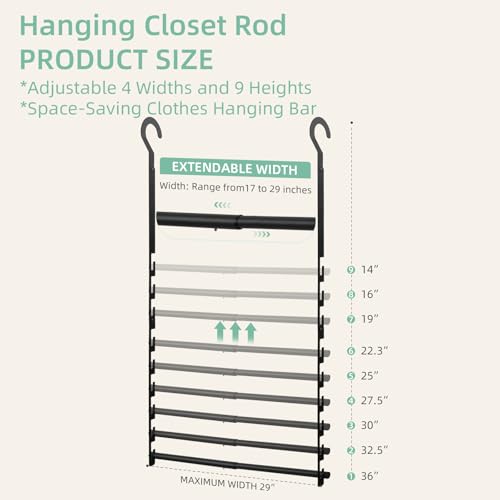 Closet Lower Hanging Bar, Adjustable Width and Height Closet Hanging Organizer Heavy Duty Closet Extender Hanging Rod Space-Saving Clothes Hanging Bar,2 Pack Black