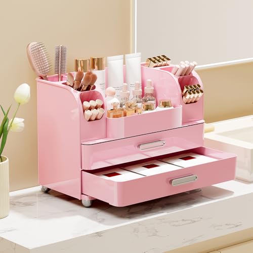 Makeup Organizer for Vanity with 2 Large Drawers, Cosmetic Display Case with Brush Holders, Easy to Storage for Bathroom Countertop Skincare, Desk Office Supplies, All Pink - color: All Pink