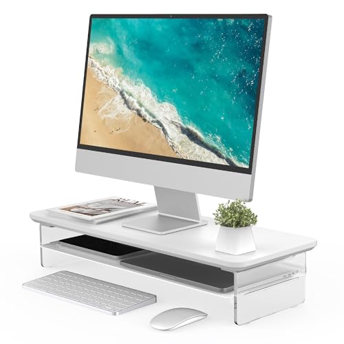 Fenge Acrylic Monitor Stand Riser, 23.6 Inches Monitor Stand with Metal Storage, 2 Tier Acrylic Computer Riser for Desk, Clear Laptop Stand for PC, Laptop, Printer, TV, White - color: White, size: 23.6in