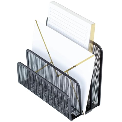 BLU MONACO Black Metal Mesh Letter Sorter | 3-Slot Mail Organizer for Desk, Office & Home | Vertical File & Envelope Holder with Non-Slip Base | Space-Saving Desktop Mail Organizer - color: Black