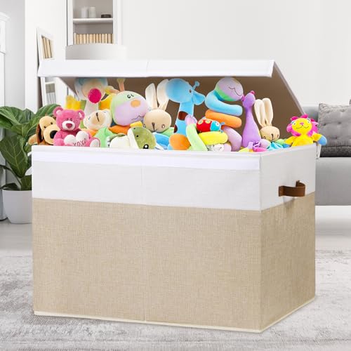 Gowee Large Toy Storage Box with Lid, Sturdy Toys Storage Chest Bin Organizer Basket with Dividers for Kids, Boys, Girls, Nursery, Closet, Bedroom, Playroom 26"x17" x17" (Beige and White) - color: Beige and White, size: 26"x17" x17"