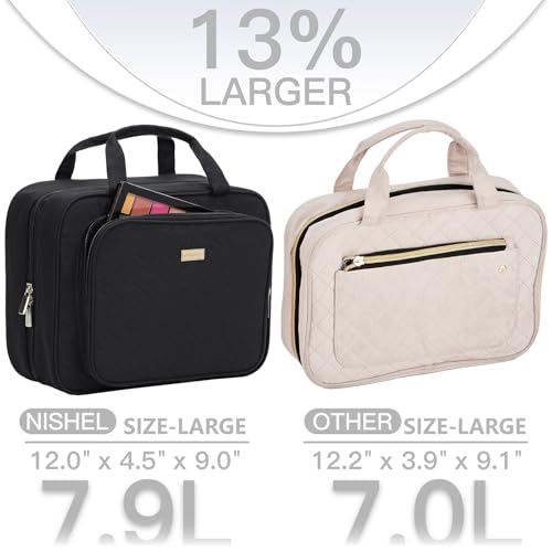 NISHEL Travel Toiletry Bag for Women, Makeup Essentials Organizer, Hanging Case for Accessories, Cosmetics, Large Size, Black - color: Black, size: Large