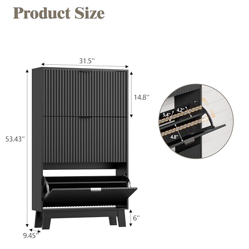 Shoe Cabinet Storage for Entryway with 3 Flip Drawers, Fluted Narrow Shoe Organizer with Wooden Legs, Freestanding Slim Shoe Storage Hidden Shoe Rack Organizer for Front Door Entrance, Hallway, Black - color: Black, size: 3 Drawer