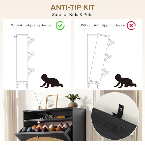 LUCKLIFE Shoe Cabinet with Charging Station, Flip Down Shoe Storage Organizer with Adjustable Shelves, Hidden Slim Shoe Rack with Anti-Tip Kit for Entryway or Hallway, Black Wood
