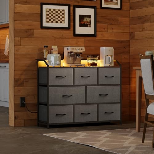 WLIVE Dresser TV Stand with Power Outlets, Led Dresser for Bedroom, Fabric Chest of Drawers with Double Open Shelves, Wood Top, Steel Frame, 6 Drawer Dressers for Closet, Living Room, Dark Grey - color: Dark Grey, style: 8 Drawers with LED