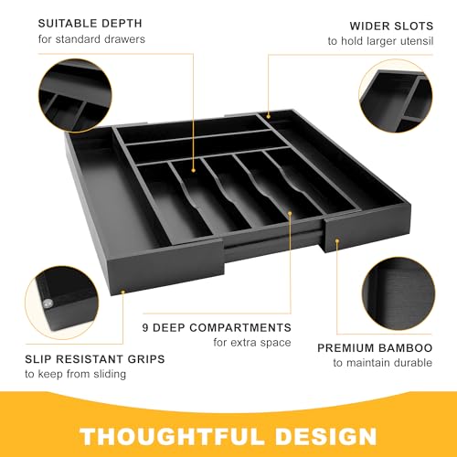 Large Premium Bamboo Silverware Organizer - Expandable Drawer Organizer & Utensil Organizer - 17"x19.7" Cutlery Tray with Dividers for Kitchen Utensils and Flatware (7-9 Slots) (Black) - color: Black, size: 9 Slots Expandable