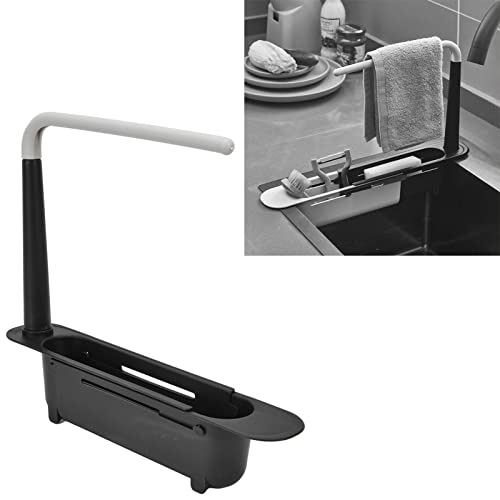 Zerodis Telescopic Sink Storage Rack, Telescopic 2in1 Sink Expandable Storage Drain Basket Towel Rack Under Sink Organizers Telescopic Sponge Soap Holder for Kitchen Sink (Black) - color: Black