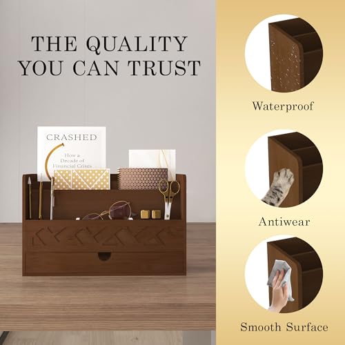Bamboo Mail Organizer Countertop Desktop With Drawer - All-in-One Desk File Organizer for Office Supplies Storage With Pencil Holder (Walnut) - color: Walnut