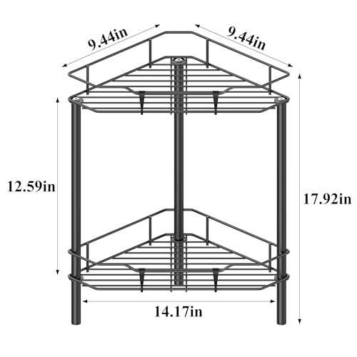 HuggieGems 2 Tier Floor Standing Corner Shower Caddy Organizer Shelf with Hooks, Bathroom Shelves Stand Rack, Black - color: Black, size: 2 Tier