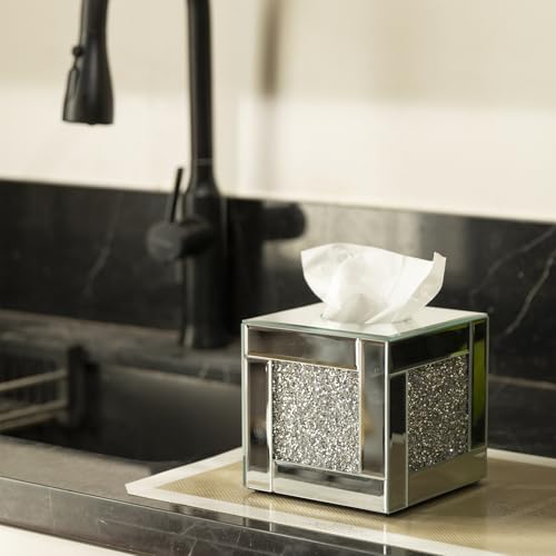Mirrored Tissue Box Cover Holder, Square Glass Facial Tissue Holder with Crushed Diamond Crystals, Luxury Facial Paper Organizer Dispenser for Bathroom, Vanity Countertop, Tabletop, Silver
