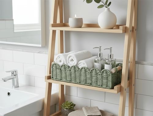 CubesLand Toilet Paper Storage Basket Scalloped Edge Home Decor Green Basket, Living Room Cozy Decor, Paper Rope Small Baskets for Over Toilet Storage Shelf, End Table, Shelves, with 2 Wooden Handles - color: Green, size: M - 14"L x 6.3"W x 3.9"H