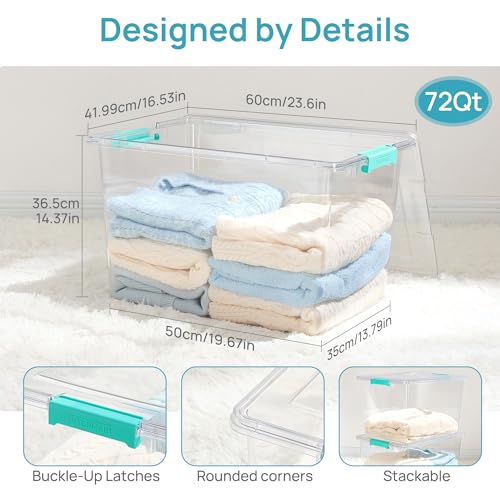 Vtopmart 2 Pack 72 QT Crystal Clear Storage Bins with Lids, 4 Pack Stackable Plastic Large Latching Boxes Totes Tubs Container for Closet Organizers and Storage, Bedroom, Clothes, Bedding - color: Teal, size: 72 Qt