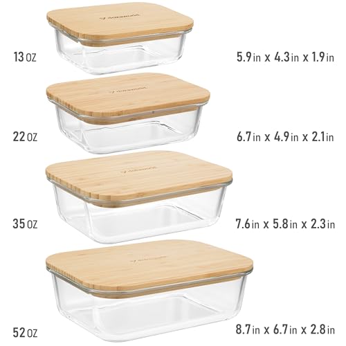 Set of 4 Stackable Space-Saving Nesting Glass Containers with Airtight Bamboo Lids - Lunch, Meal & Food Prep - Microwave & Oven Safe BPA Free Durable Heat Resistant Inert Borosilicate Glass - color: 4 Containers with Bamboo Lids