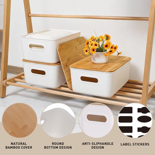 Citylife 4 PCS Storage Bins with Bamboo Lids Plastic Storage Containers for Organizing Stackable Storage Box with Handle, 15.16 x 10.79 x 5.83 inch (White, 4 PCS-Large) - size: Large, style: 4 Pack