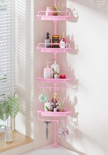 Sturdy Pink Corner Shower Caddy - 4 Tier Adjustable Organizer, Rustproof Stainless Steel, 32-122 Inch - color: Pink