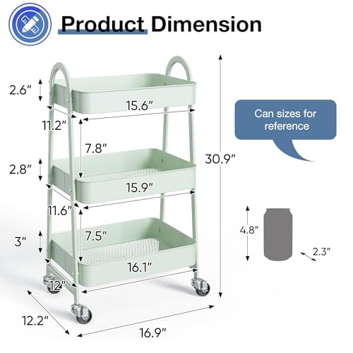 OLIXIS Metal 3 Tiers Utility Rolling Cart with Lockable Caster Wheels, Mobile Storage Shelf, Organization for Livingroom, Bathroom & Narrow Places, Pale Green - color: 3-tiered Pale Green, size: 3-Tiered 17 inches