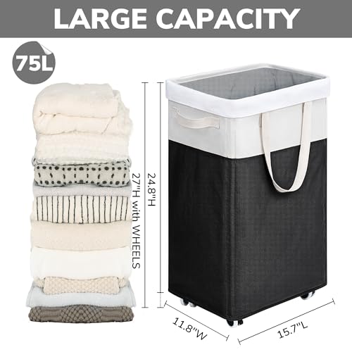 Goodpick Hamper with Wheels 75L 2-Pack, Tall Laundry Basket with Removable Wash Bags, Rolling Black Laundry Hamper for Corner Dorm, Large Collapsible Laundry Baskets - color: Black & White 2-Pack