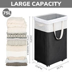 Goodpick Rolling Laundry Hamper with Wheels 75L, Black Laundry Hamper for Dirty Clothes, Collapsible Laundry Basket with Removable Wash, Black Laundry Basket with Wheels - color: Black & White