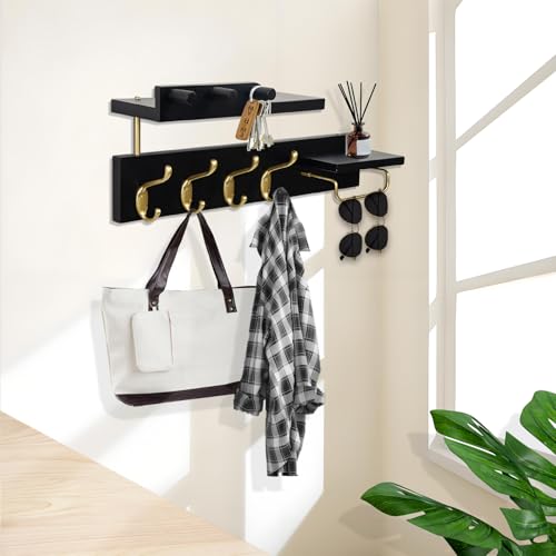 Coat Rack Wall Mount with Shelf, 4 in 1 Wood Coat Hooks with Key and Mail Holder, 17 Inch Entryway Hanging Shelf with Sunglasses Holder and 4 Metal Hooks for Clothes Hats Bag, Black and Gold - color: Black