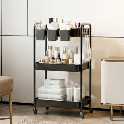 JAQ Makeup Carts, 3-Tier Metal Rolling Utility Storage Organizer Cart Shelf with Wheels for Craft Office Supplies Diapper Snack in Bathroom Kitchen Laundry Classroom Dorm -(3-Tier,Black - color: Black/3-tier, size: Need Assembly