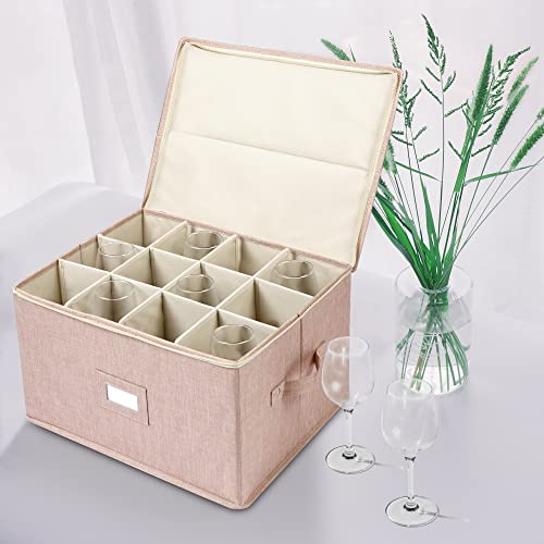 popoly Wine Glass Storage Box, Stemware Storage Containers Cases with Dividers, Stackable Moving Supplies for 12 Wine Glasses, Drinkware, Glassware or Crystal (Beige) - color: Beige