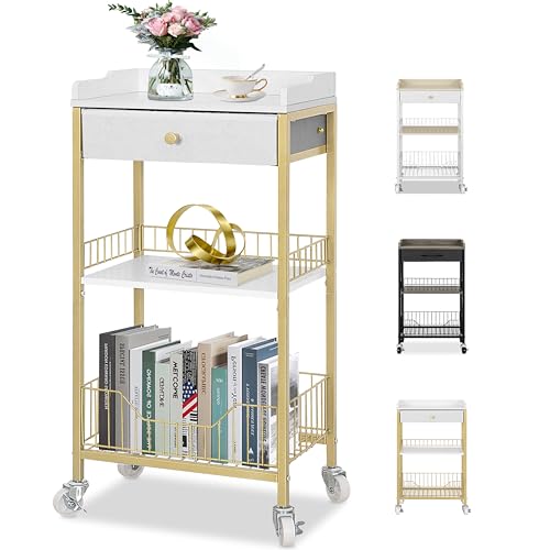 Gold & White Side Table with Storage Basket, Tall End Table with Drawer, 4-Tier Bathroom Storage Shelf with Optional Wheels, Nightstand for Dorm, Living Room, Bedroom - color: Gold With White