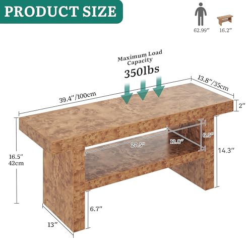 DWVO 39.4" Entryway Bench with Motion-Sensing Warm LED Light, 2-Tier Rustic Thick Wood Shoe Storage Bench for Hallway Bedroom Dressing Room or End of Bed, Burl Wood Finish - color: Burl Wood, size: Straight 39.4" L