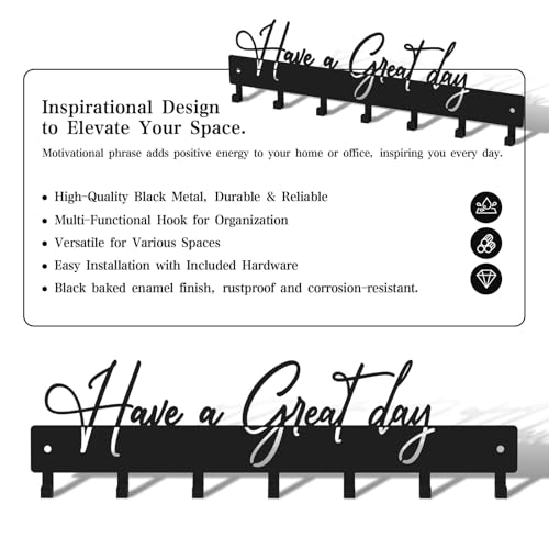 Have a Great Day Key Hooks for Wall Decoration,Delicate Fashion Black Metal Key Holder Wall Mount,Have a Great Day Key Hanger with 7 Kooks for Hallway,Office - color: Have a Great Day